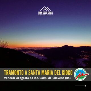 📣 Venerdì 28 agosto TRAMONTO A SANTA MARIA DEL GIOGO!

Una breve escursione al tramonto, una bella terrazza panoramica, un aperitivo insieme godendoci gli ultimi momenti di luce del giorno: ogni tanto il venerdì sera lo passiamo così.

Raggiungiamo Santa Maria del Giogo, meta molto amata dagli escursionisti bresciani, con un breve percorso tra sentieri, stradette e tratti molto panoramici sul Lago d'Iseo.

Ci fermiamo per goderci la bellezza del momento, con quattro chiacchiere, convivialità e cena al sacco. Portate una tazza/bicchiere, l’aperitivo lo porto io.

In collaborazione con @tapporaso  🥂 

‼️Ultimi posti‼️

📅 Venerdì 28 agosto
📍 Ritrovi
– 18.00 a Quinzano d’Oglio (BS), parcheggio impianti sportivi
– 18.45 a Rodengo Saiano (BS), al parcheggio presso l’Abbazia Olivetana
– 19.15 in loc. Colmi a Polaveno (BS), al parcheggio di Via Santa Maria del Giogo 
⬆️ Ascesa totale: 250 m D+
➡️ Sviluppo: 5,5 km
⏱️ Tempo di movimento 2 h
🦵🏽 Impegno: Basso
👫 GRUPPO: massimo 15 persone
💰 QUOTA: €. 15,00 a persona (aperitivo compreso)
🔦 Per il rientro è necessaria una lampada frontale o torcia. Se non l'avete ve la posso fornire.

🔗 ISCRIZIONI su https://www.nonsolocima.it (link in bio e nelle storie)