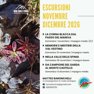 📣 Sono online le escursioni di novembre e dicembre!

⛰ Nei mesi che concludono l'anno, quattro occasioni per camminare insieme verso l'inverno: sulla più bella cima delle Prealpi bresciane, seguendo le tracce delle storie e degli antichi mestieri della Val Vestino, alla scoperta di un affascinante angolo di Lessinia e della sua storia geologica e umana, infine sul meraviglioso balcone gardesano del Monte Cas passando per la suggestiva Forra di San Michele.

🔗 Tutte le schede sono online a questo collegamento:
https://www.nonsolocima.it/proposte/calendario/ (link in bio e nelle storie) 

Per qualsiasi informazione in più non esitate a contattarmi e soprattutto... non mancate!

📍 La Corna Blacca dal Passo del Maniva - Domenica 1 novembre da Passo del Maniva, Collio BS (impegno medio - Escursionisti Esperti)
📍 Memorie e mestieri della Valvestino - Domenica 15 novembre da Turano, Valvestino BS (impegno medio) 
📍 Nella Valle delle Sfingi – Domenica 29 novembre da Camposilvano, Velo Veronese VR (impegno basso)
📍 Da Campione del Garda al Monte Castello - Domenica 13 dicembre da Campione del Garda, Tremosine BS (impegno medio)

#guidealpinelombardia #accompagnatoridimediamontagna #inmontagnaconlaguida #nonsolocima #montagneorizzonti